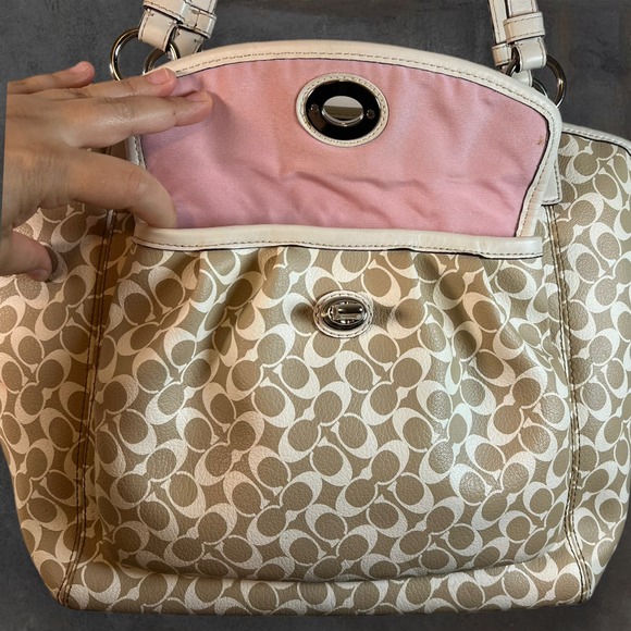 Coach Signature Leah Large Shoulder‎ Tote Bag Khaki White 15135 Handbag Purse - Picture 4 of 11